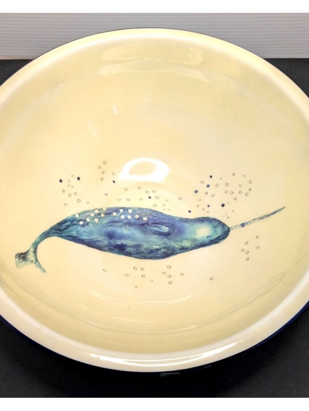 Narwhal Design Enamel Mixing Bowl - Cream & Blue 10" Diameter Kitchenware SEE